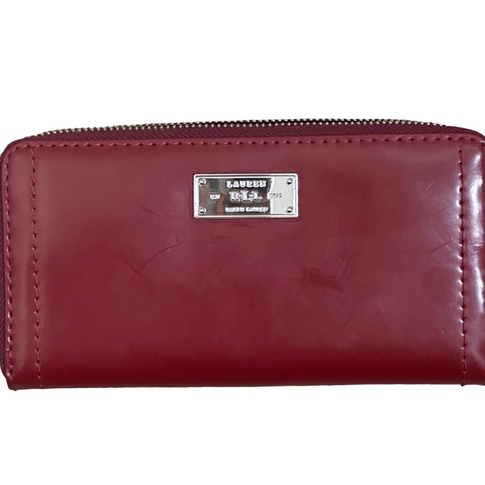 Lauren Ralph Lauren Patent Leather Interior Zip Red Wallet SIlver Hardware